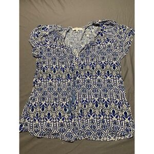 Rose + Olive Womens 2X Blue White Paisley Tassel Rayon Boho Blouse Short Sleeve